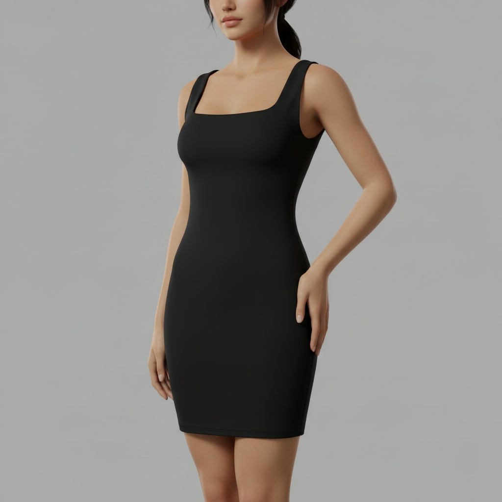 Seamless Square Neck Mini Dress | Women's Black Dress 1